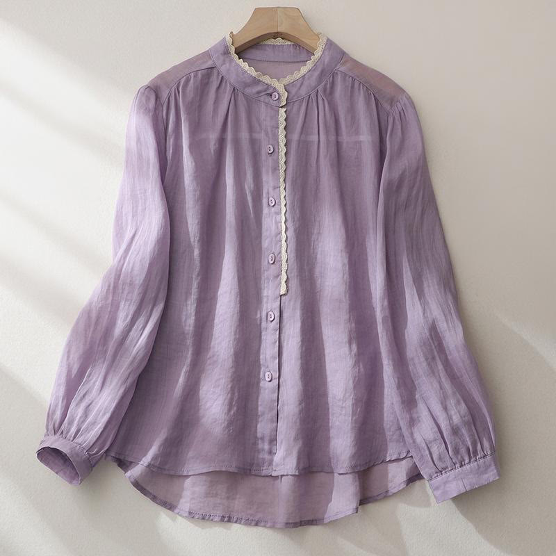 Pure Color Lace Design Long Lantern Sleeve Women's Cotton Linen Shirt