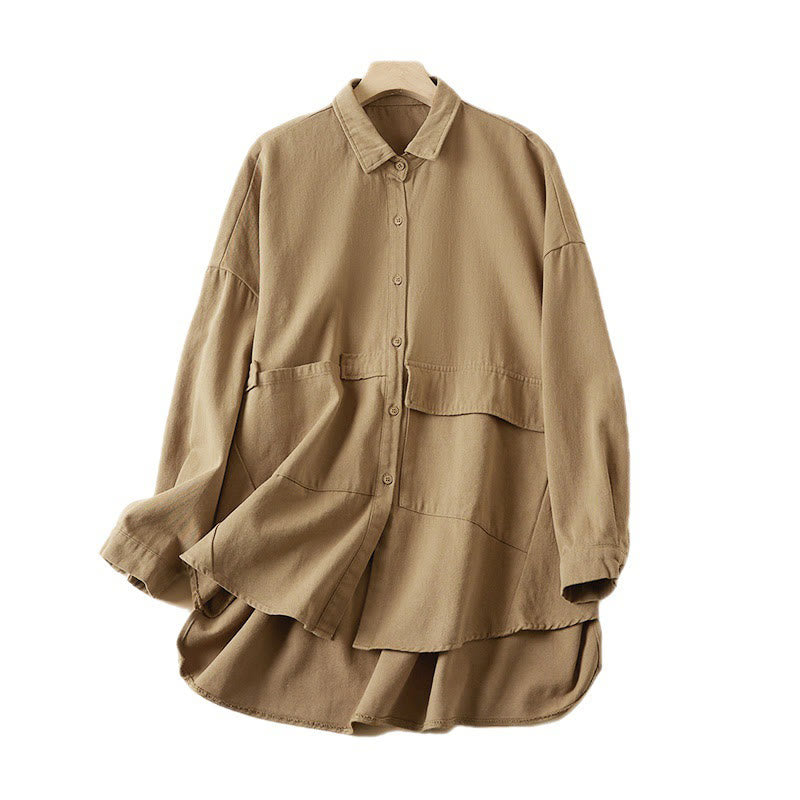 Fall Irregular Design Long Sleeve Women's Cotton Linen Lapel Jacket With Pockets