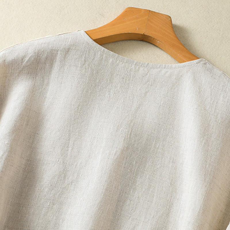 Spring Plain Buttons Design V-Neck Long Sleeve Women's Cotton Linen Shirt
