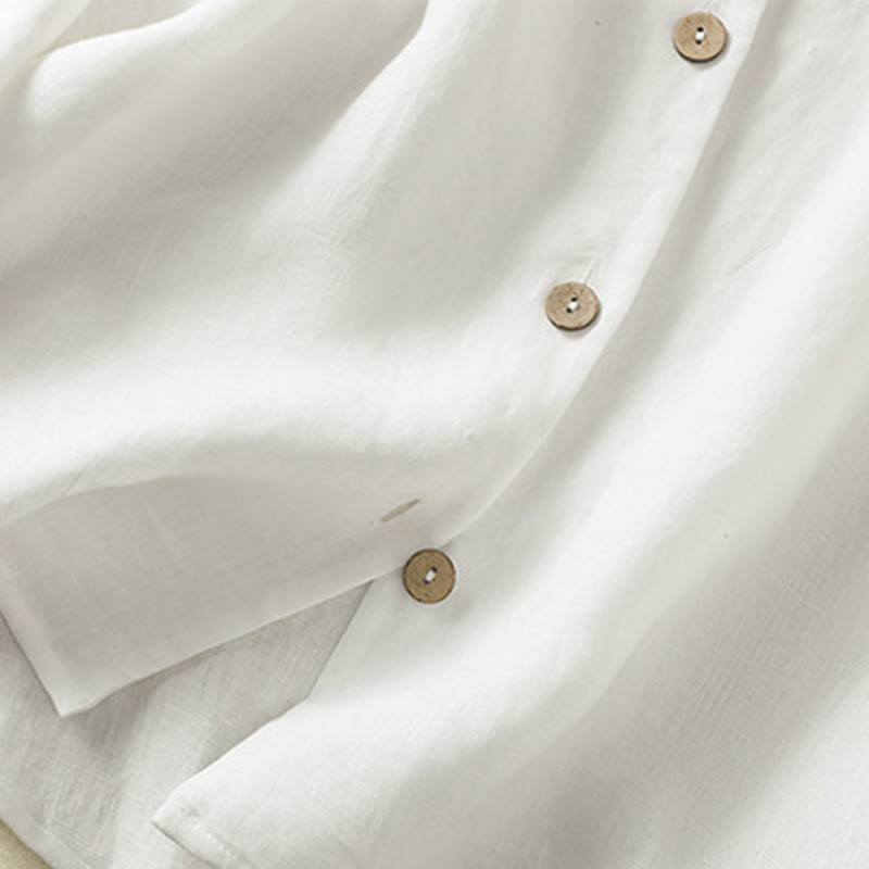 Spring Plain Buttons Design V-Neck Long Sleeve Women's Cotton Linen Shirt