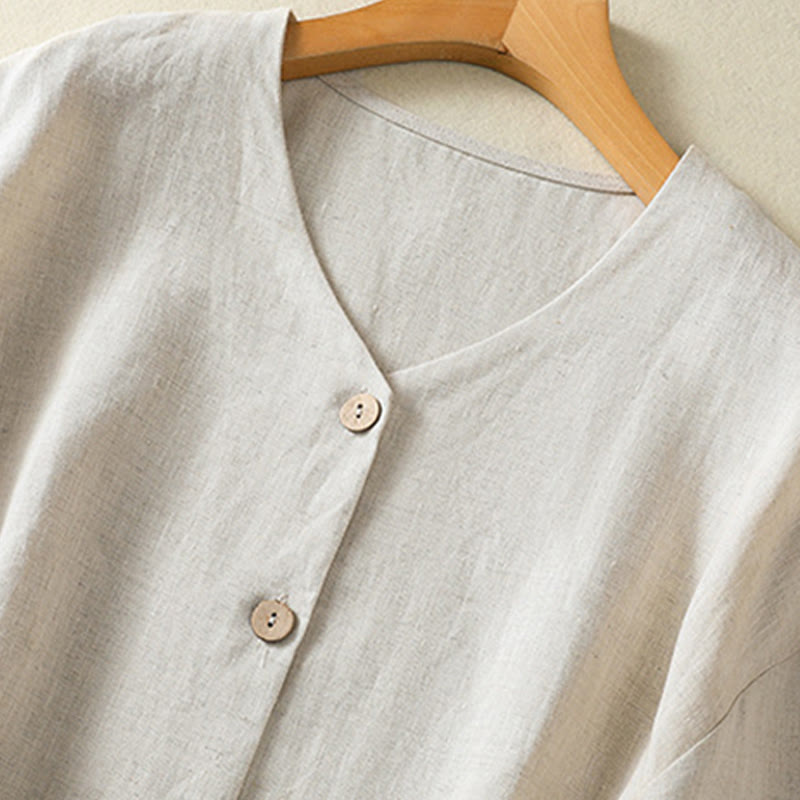 Spring Plain Buttons Design V-Neck Long Sleeve Women's Cotton Linen Shirt