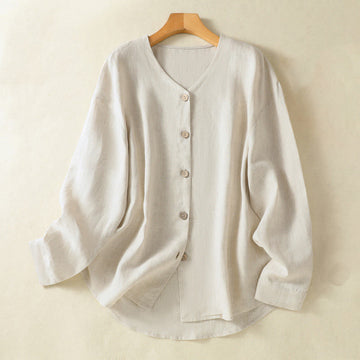 Spring Plain Buttons Design V-Neck Long Sleeve Women's Cotton Linen Shirt