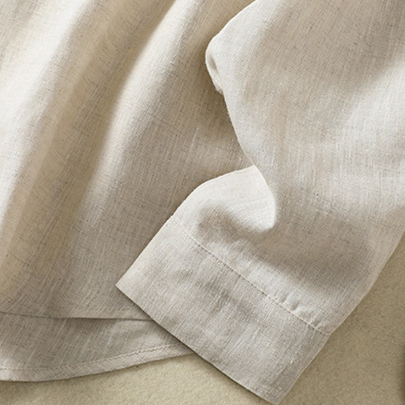 Spring Plain Buttons Design V-Neck Long Sleeve Women's Cotton Linen Shirt