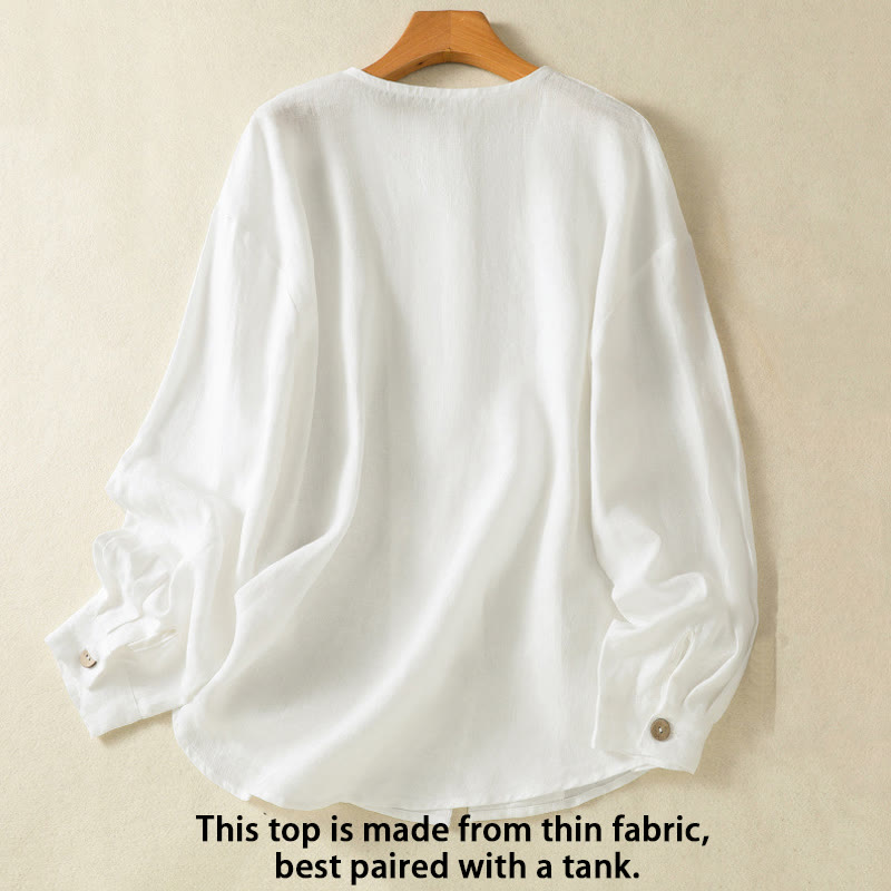 Spring Plain Buttons Design V-Neck Long Sleeve Women's Cotton Linen Shirt