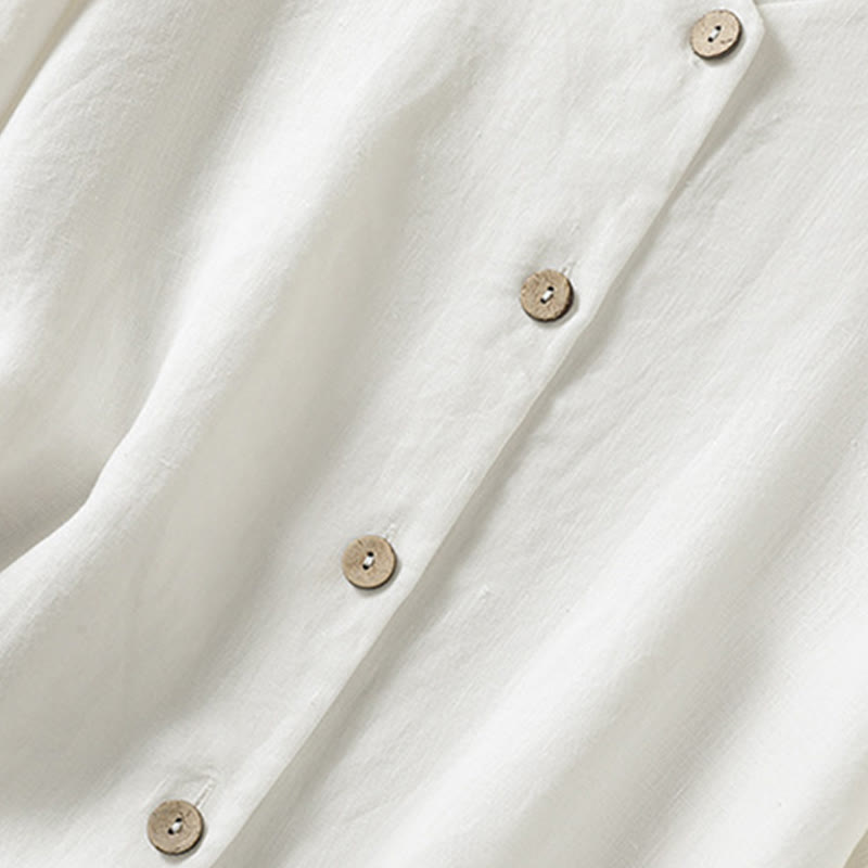 Spring Plain Buttons Design V-Neck Long Sleeve Women's Cotton Linen Shirt