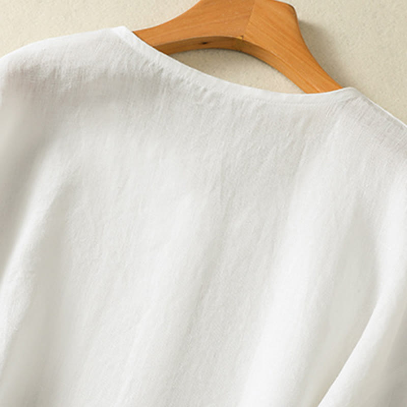 Spring Plain Buttons Design V-Neck Long Sleeve Women's Cotton Linen Shirt