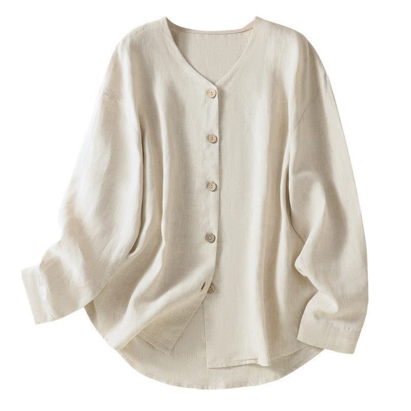 Spring Plain Buttons Design V-Neck Long Sleeve Women's Cotton Linen Shirt