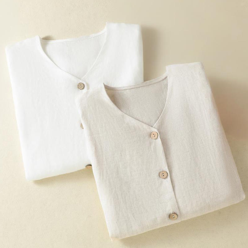 Spring Plain Buttons Design V-Neck Long Sleeve Women's Cotton Linen Shirt