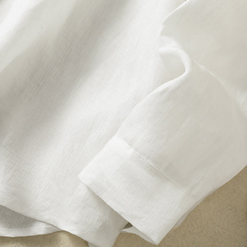 Spring Plain Buttons Design V-Neck Long Sleeve Women's Cotton Linen Shirt