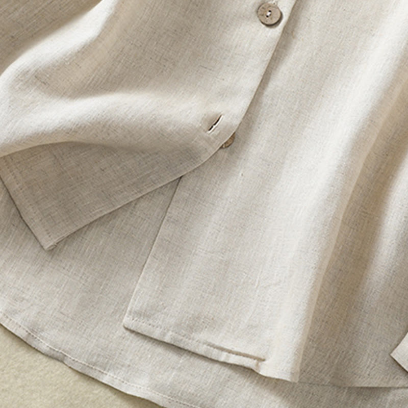 Spring Plain Buttons Design V-Neck Long Sleeve Women's Cotton Linen Shirt