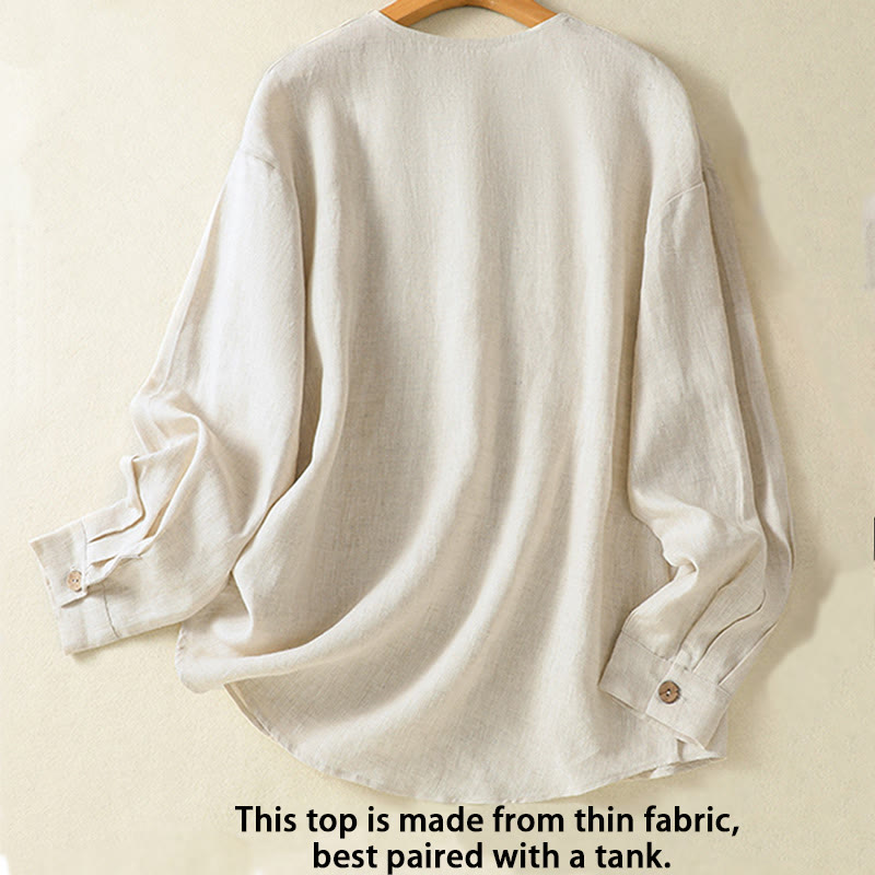 Spring Plain Buttons Design V-Neck Long Sleeve Women's Cotton Linen Shirt