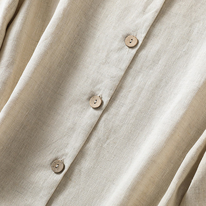 Spring Plain Buttons Design V-Neck Long Sleeve Women's Cotton Linen Shirt