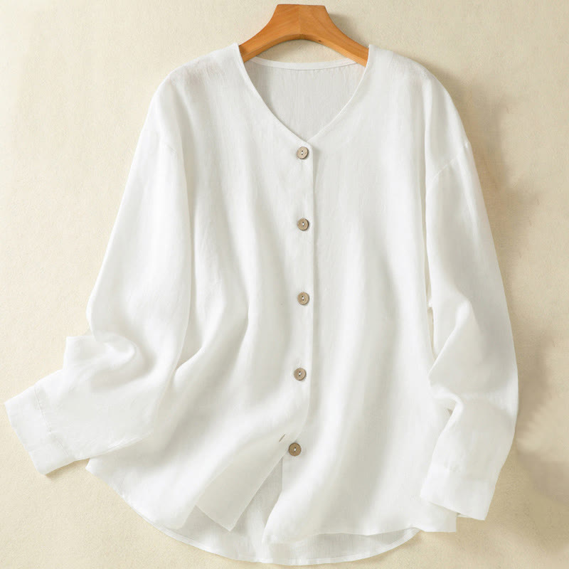 Spring Plain Buttons Design V-Neck Long Sleeve Women's Cotton Linen Shirt