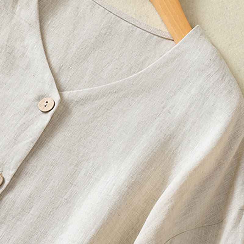 Spring Plain Buttons Design V-Neck Long Sleeve Women's Cotton Linen Shirt