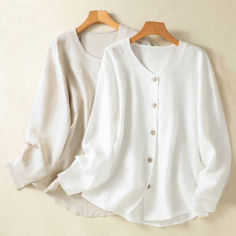 Spring Plain Buttons Design V-Neck Long Sleeve Women's Cotton Linen Shirt