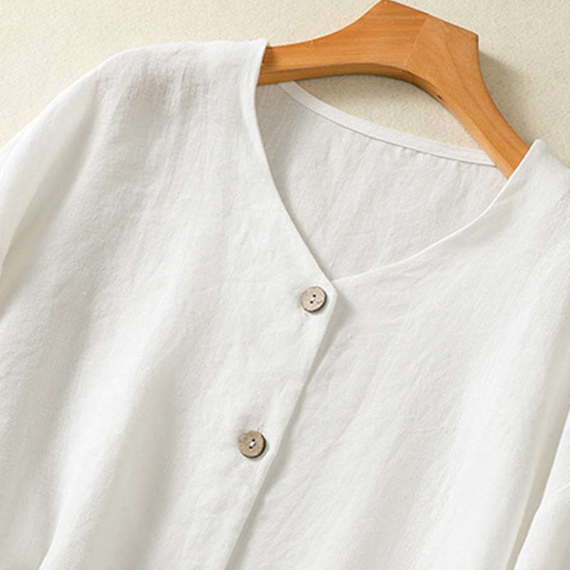 Spring Plain Buttons Design V-Neck Long Sleeve Women's Cotton Linen Shirt