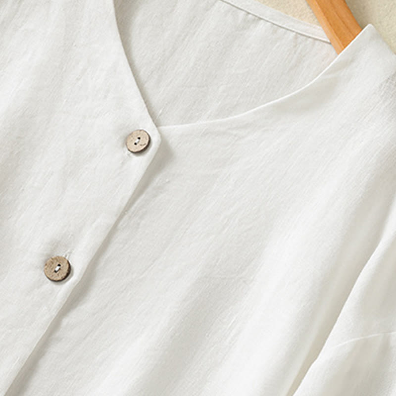 Spring Plain Buttons Design V-Neck Long Sleeve Women's Cotton Linen Shirt