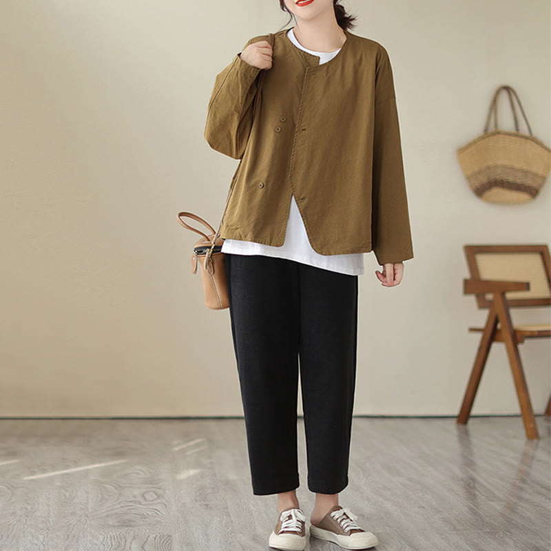 Breathable Cotton Linen Crew Neck Long Sleeve Minimalist Jacket