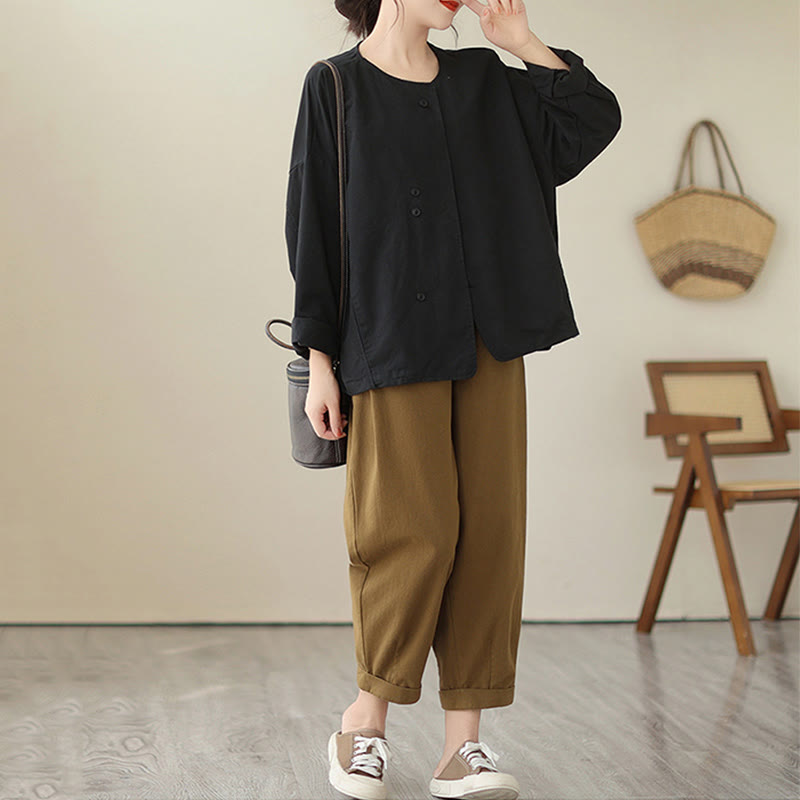 Breathable Cotton Linen Crew Neck Long Sleeve Minimalist Jacket