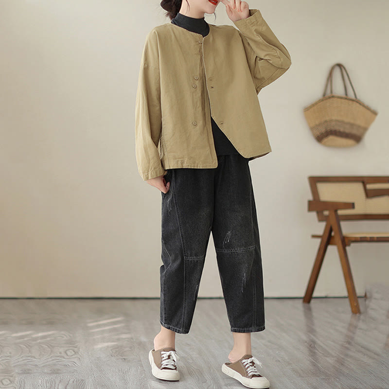 Breathable Cotton Linen Crew Neck Long Sleeve Minimalist Jacket