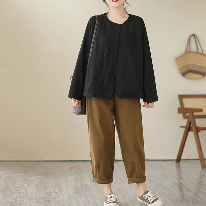 Breathable Cotton Linen Crew Neck Long Sleeve Minimalist Jacket