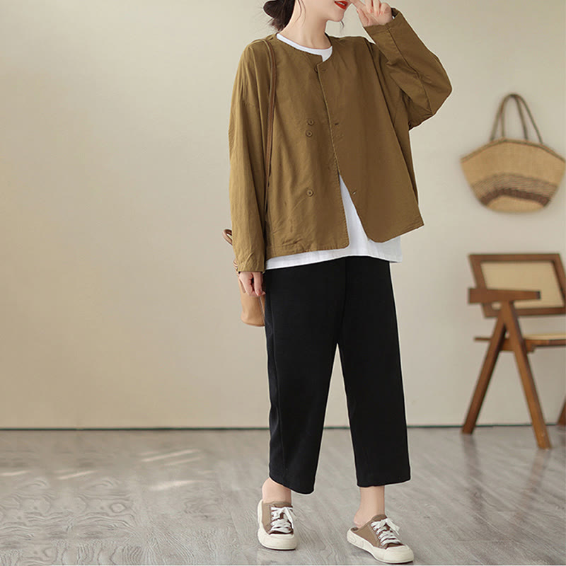 Breathable Cotton Linen Crew Neck Long Sleeve Minimalist Jacket