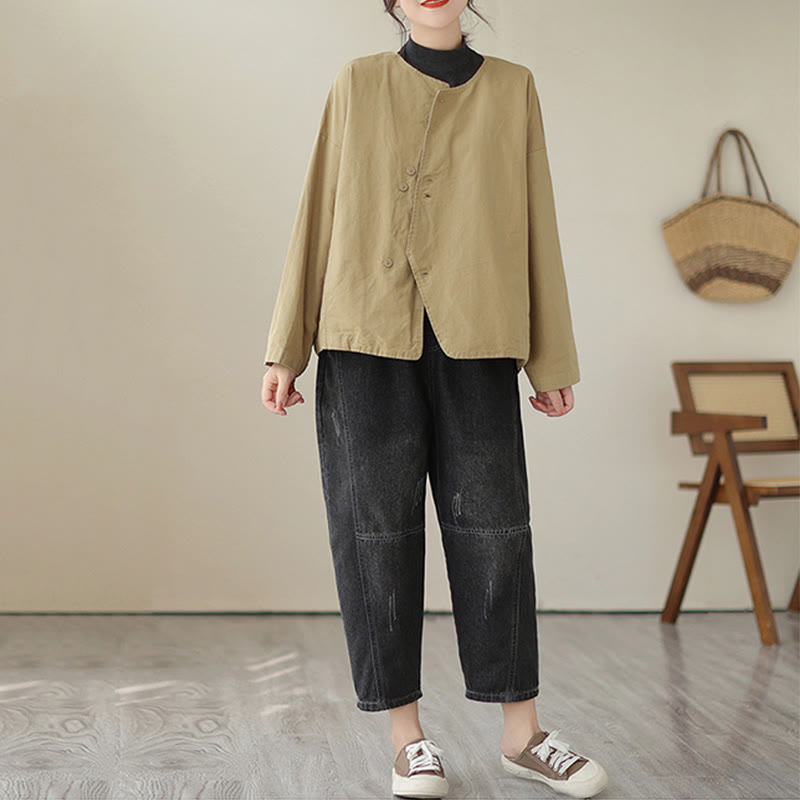 Breathable Cotton Linen Crew Neck Long Sleeve Minimalist Jacket