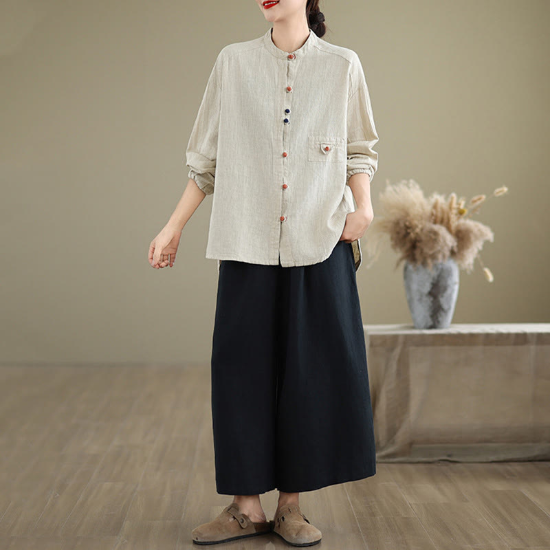 Colorful Buttons Design Long Sleeve Women's Cotton Linen Shirt