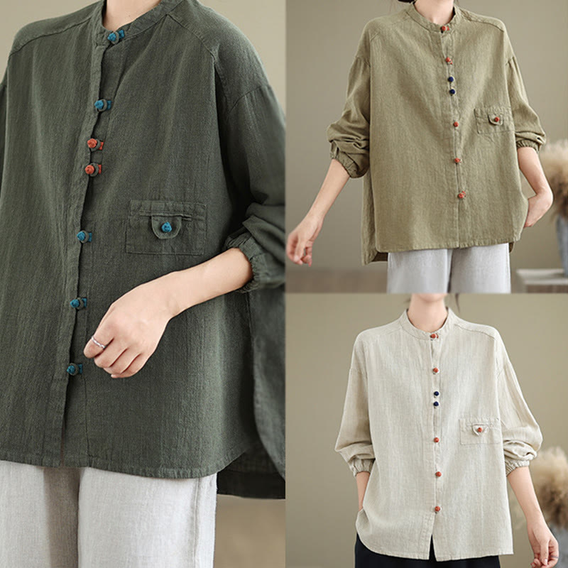 Colorful Buttons Design Long Sleeve Women's Cotton Linen Shirt