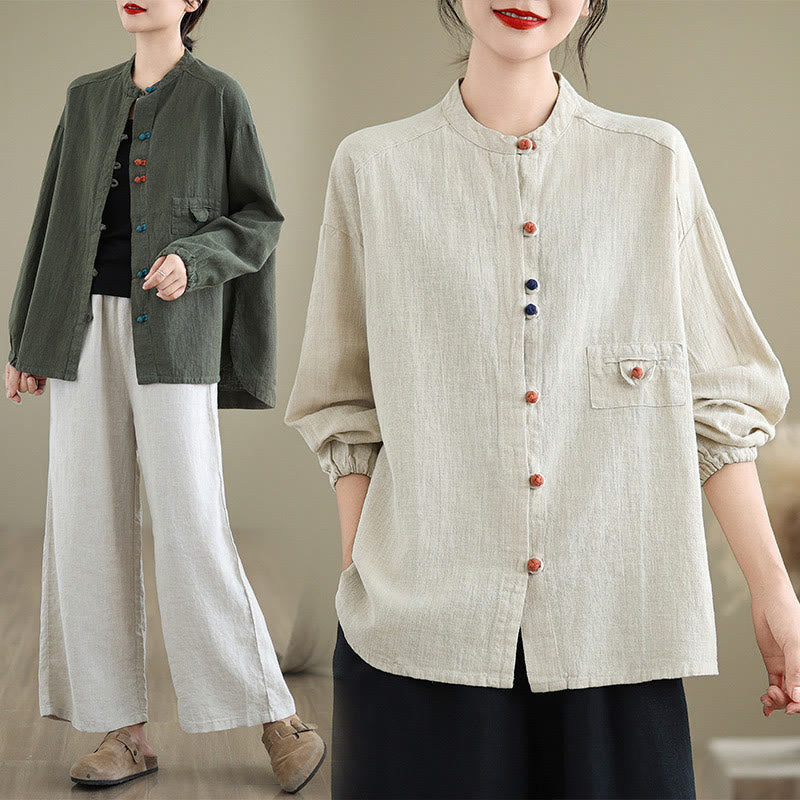 Colorful Buttons Design Long Sleeve Women's Cotton Linen Shirt