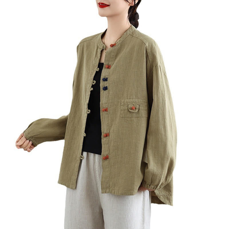 Colorful Buttons Design Long Sleeve Women's Cotton Linen Shirt