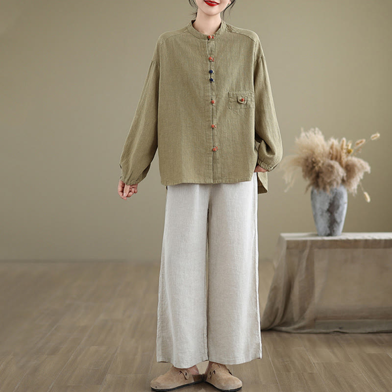 Colorful Buttons Design Long Sleeve Women's Cotton Linen Shirt