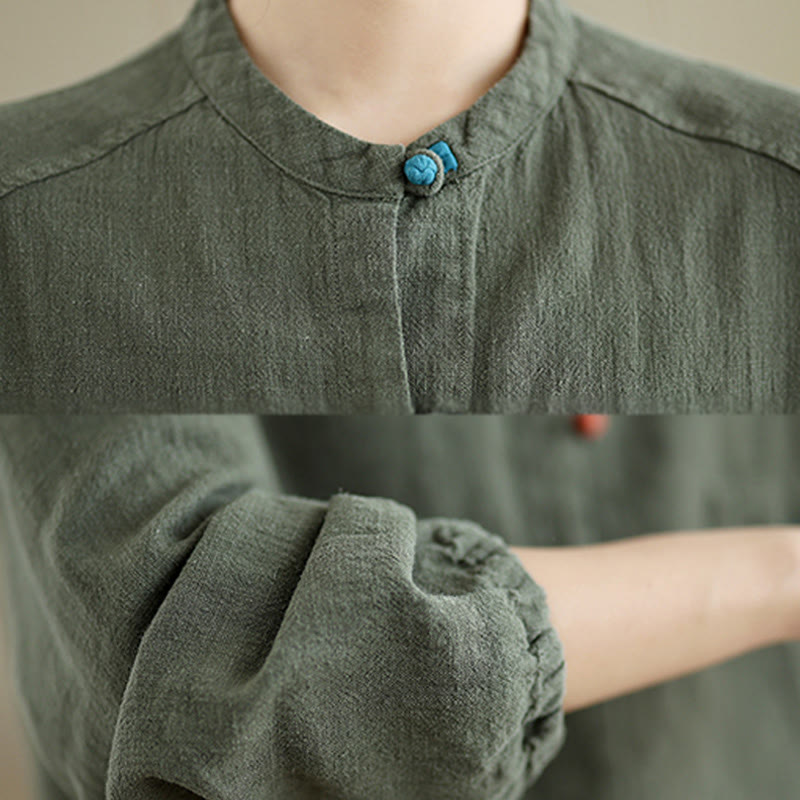 Colorful Buttons Design Long Sleeve Women's Cotton Linen Shirt