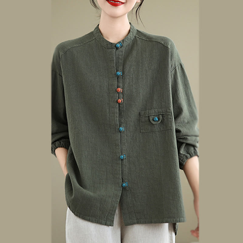 Colorful Buttons Design Long Sleeve Women's Cotton Linen Shirt