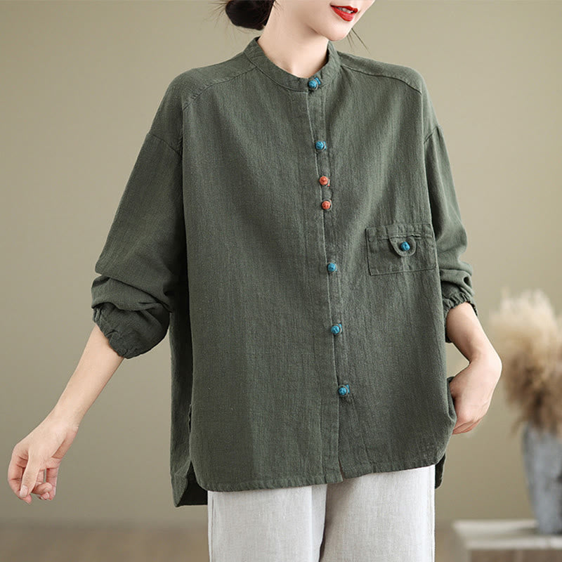 Colorful Buttons Design Long Sleeve Women's Cotton Linen Shirt