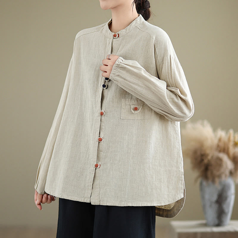 Colorful Buttons Design Long Sleeve Women's Cotton Linen Shirt