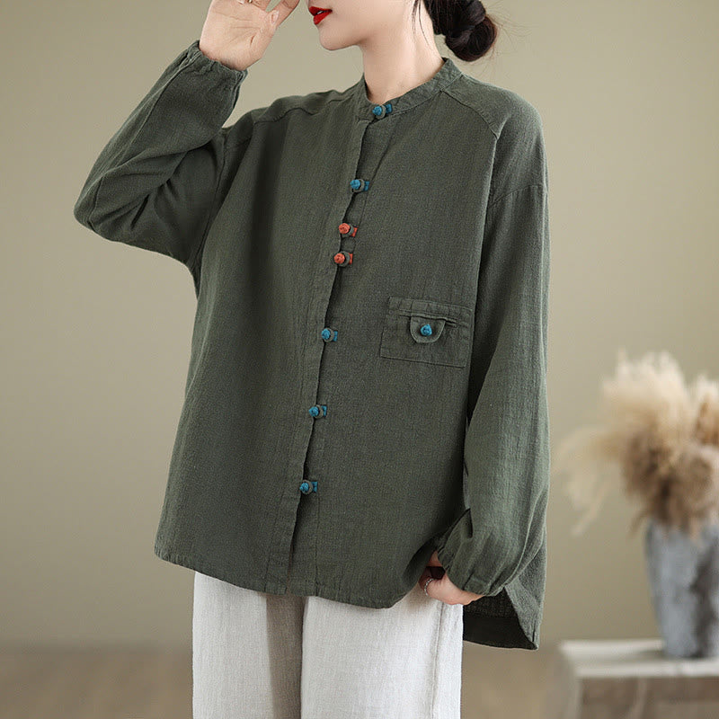 Colorful Buttons Design Long Sleeve Women's Cotton Linen Shirt