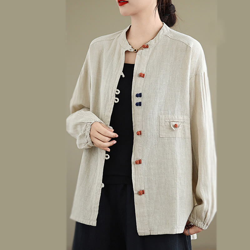 Colorful Buttons Design Long Sleeve Women's Cotton Linen Shirt