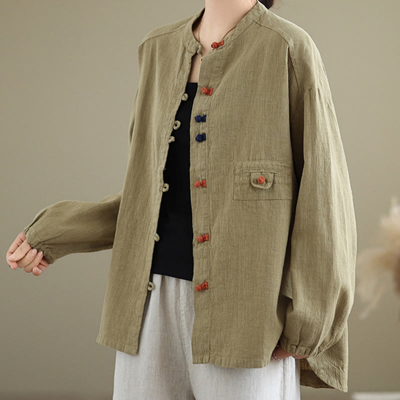 Colorful Buttons Design Long Sleeve Women's Cotton Linen Shirt