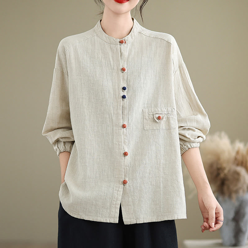 Colorful Buttons Design Long Sleeve Women's Cotton Linen Shirt