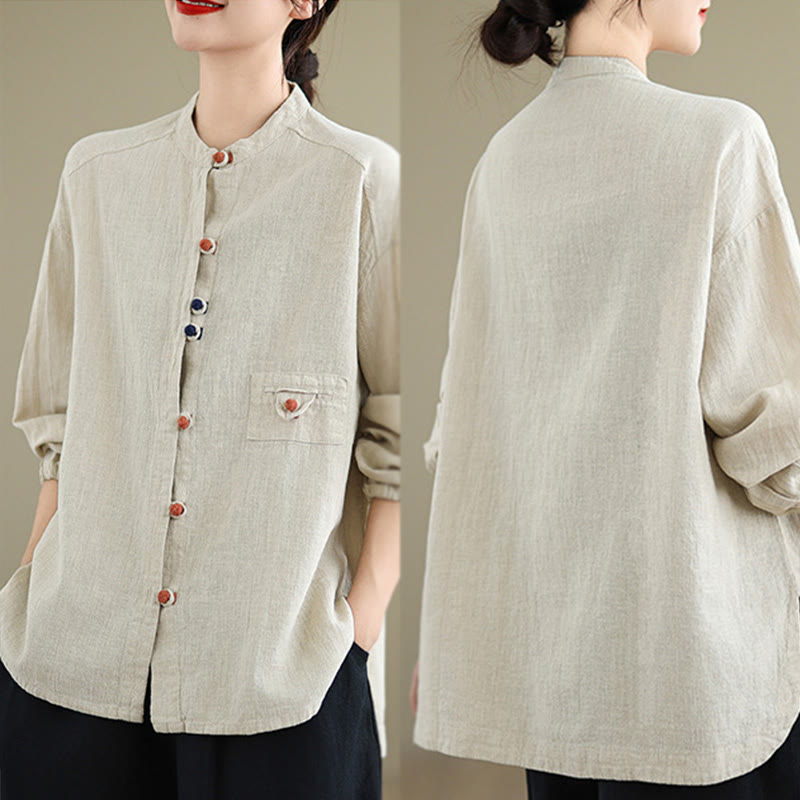 Colorful Buttons Design Long Sleeve Women's Cotton Linen Shirt