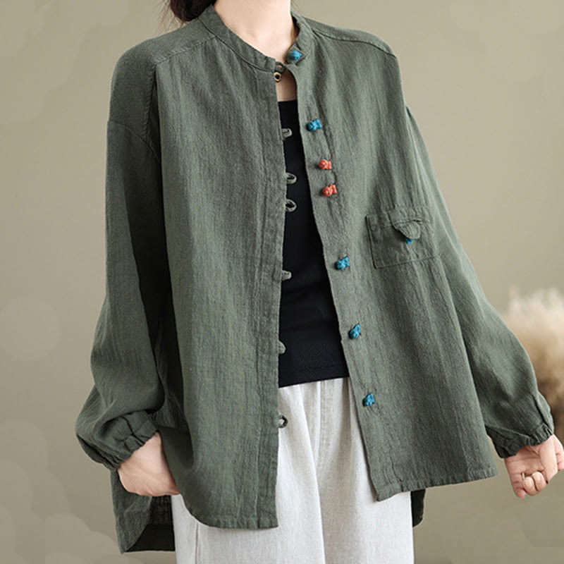 Colorful Buttons Design Long Sleeve Women's Cotton Linen Shirt