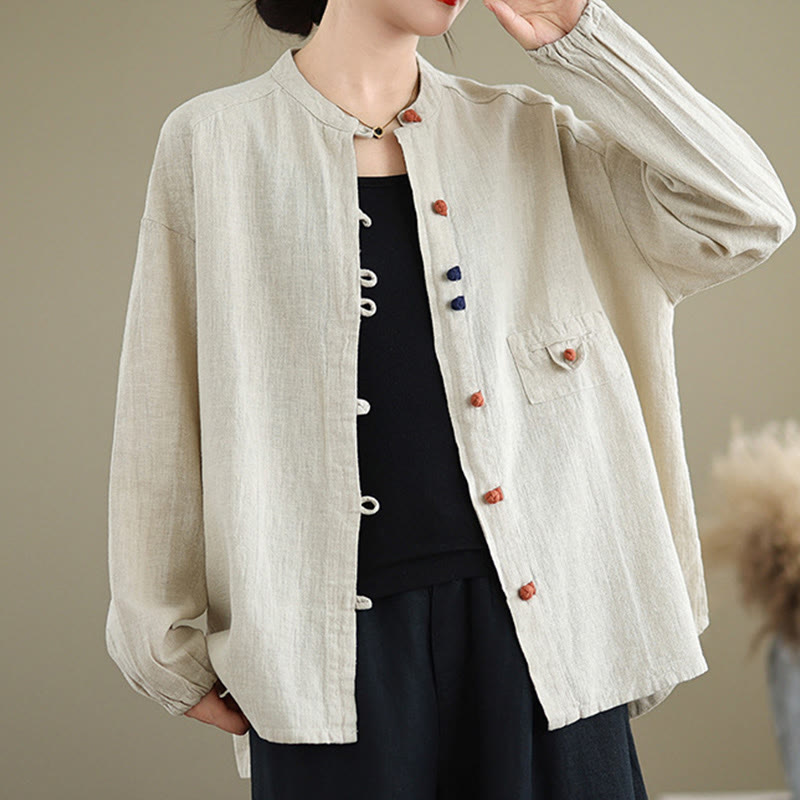 Colorful Buttons Design Long Sleeve Women's Cotton Linen Shirt