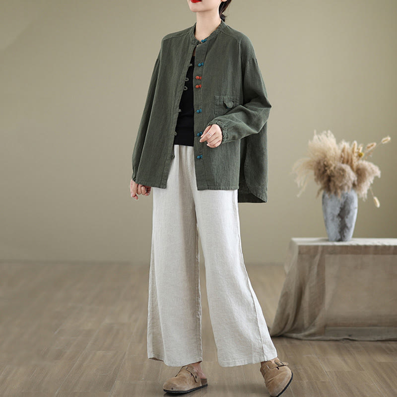 Colorful Buttons Design Long Sleeve Women's Cotton Linen Shirt