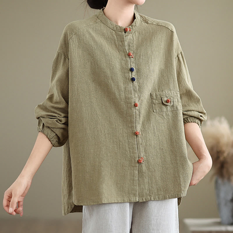Colorful Buttons Design Long Sleeve Women's Cotton Linen Shirt