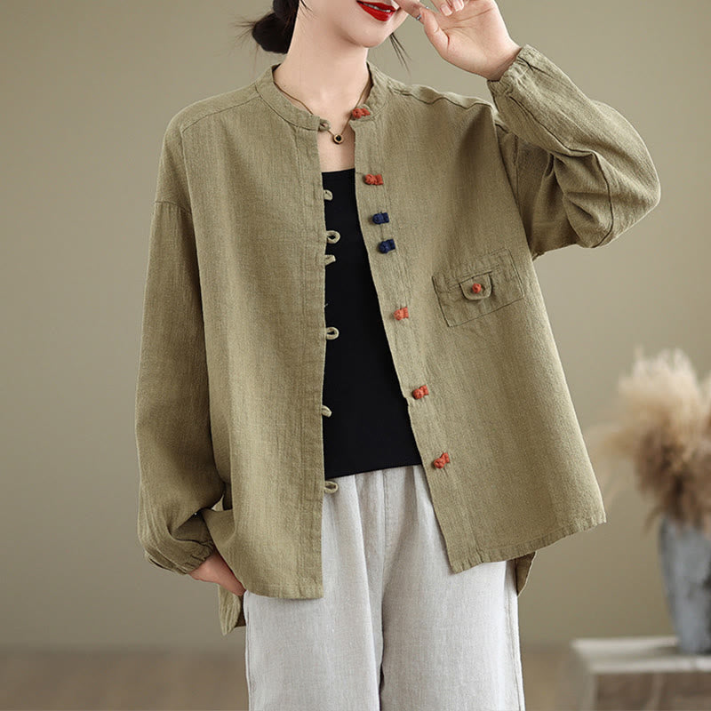 Colorful Buttons Design Long Sleeve Women's Cotton Linen Shirt
