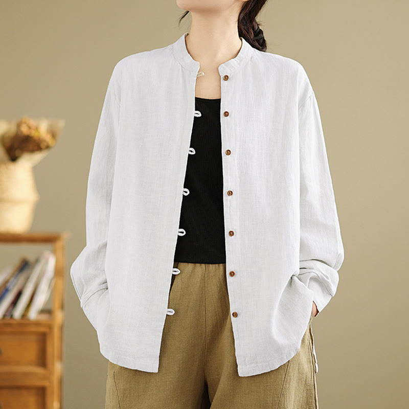 Solid Color Front Buttons Design Long Sleeve Women's Cotton Linen Shirt