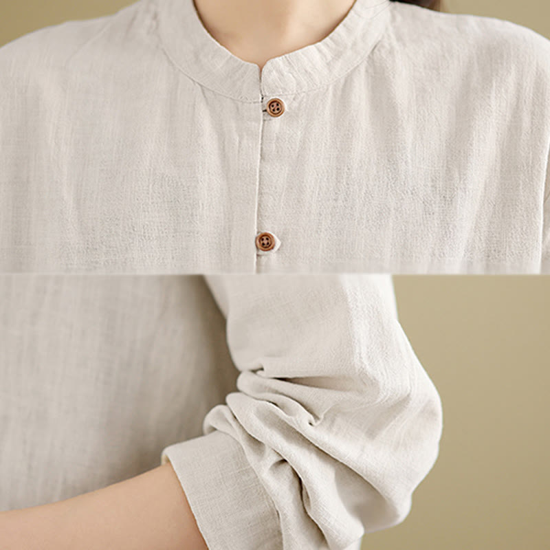 Solid Color Front Buttons Design Long Sleeve Women's Cotton Linen Shirt