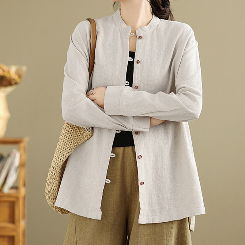 Solid Color Front Buttons Design Long Sleeve Women's Cotton Linen Shirt