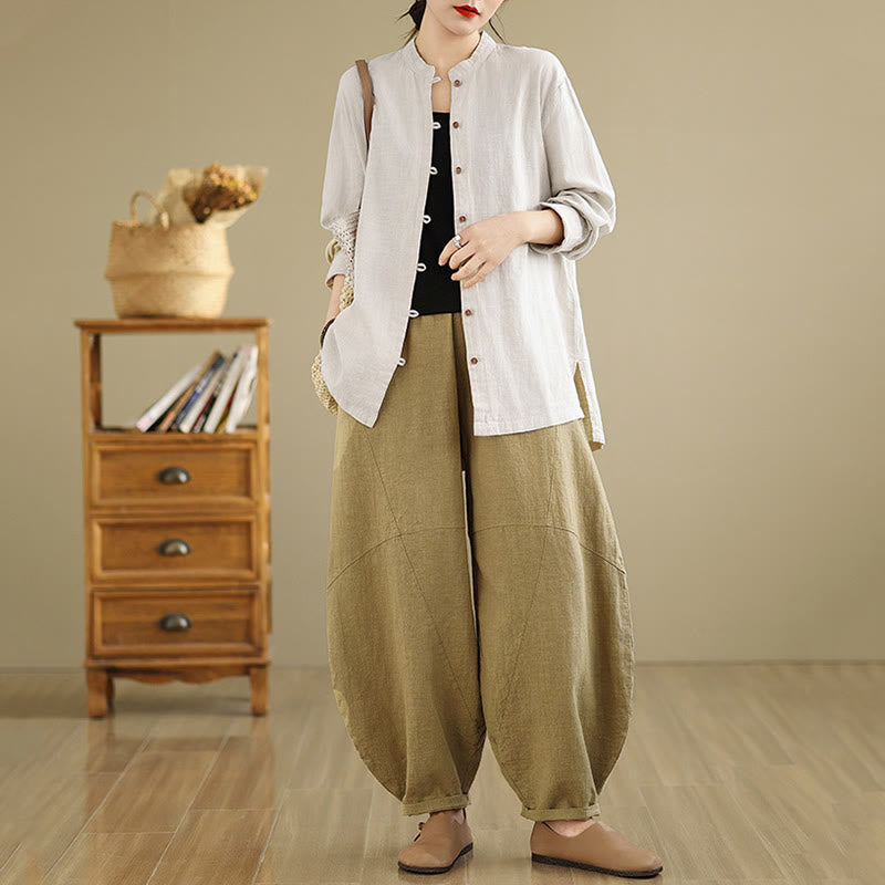 Solid Color Front Buttons Design Long Sleeve Women's Cotton Linen Shirt